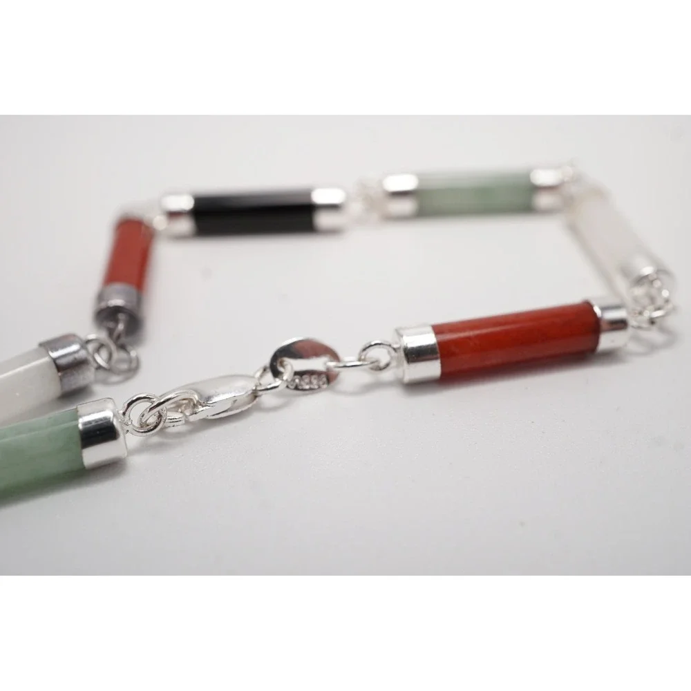 Sterling Silver Multi Stone Cylinder Bead Link Bracelet 7.5 Inch 925 Jade Onyx